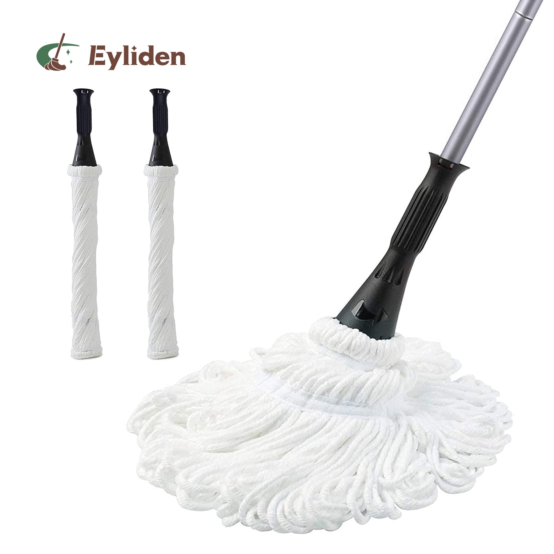 Eyliden Cotton Twist Mop for Floor Cleaning with 2 Reusable Heads, 57.5 inch Silver Long Handle, White Color