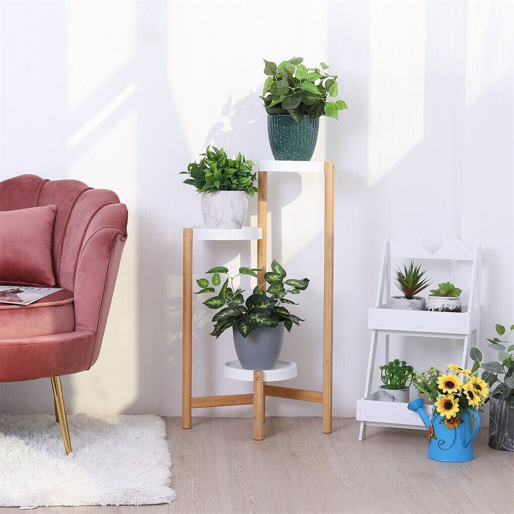 FATIVO 3-Tier Bamboo Plant Stand Flower Succulents Potted with Round White Shelvings