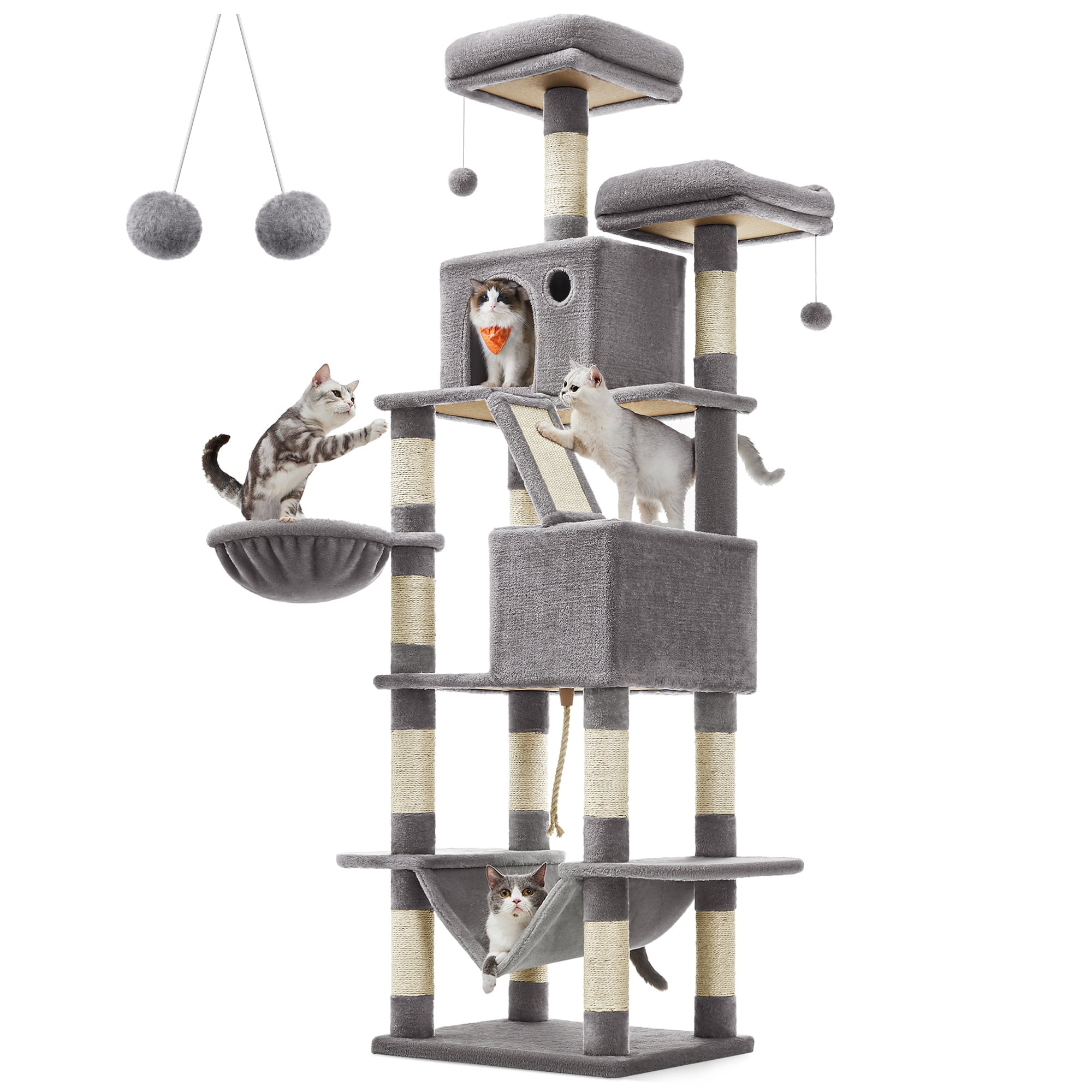 81.1"H Cat Tree Cat Tower for Indoor Cats, Plush Multi-Level Cat Condo with Scratching Posts, Perches, Caves, Hammock, Light Gray
