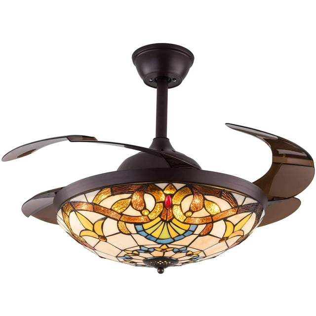 FETCOI 42"Tiffany Style Invisible Ceiling Fan with Lights and Remote Control Retractable Reverse Blades