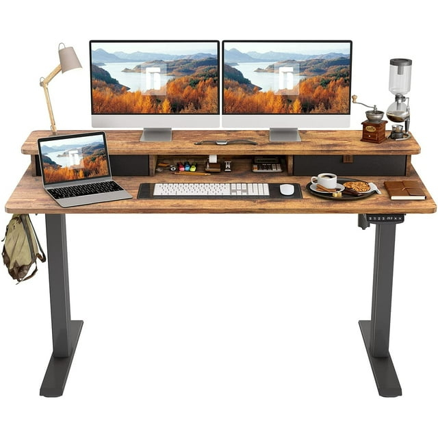 Agilestic Adjustable Height Electric Standing Desk with Storage Wooden Drawer, 55 x 24 Inches Stand Up Home Office Computer Gaming Table for Work Office Home, Rustic Brown