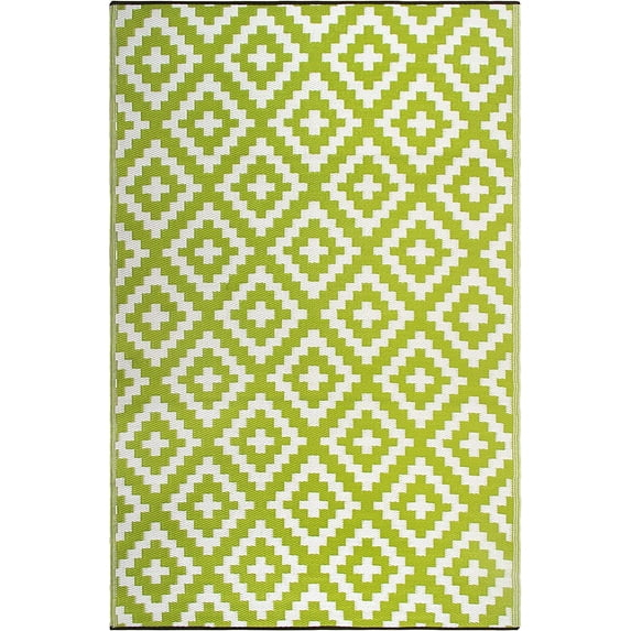 FH Home Outdoor Rug - Waterproof, Fade Resistant, Crease-Free - Premium Recycled Plastic - Geometric - Patio, Porch, Deck, Balcony - Aztec - Green & White - 5 x 8 ft