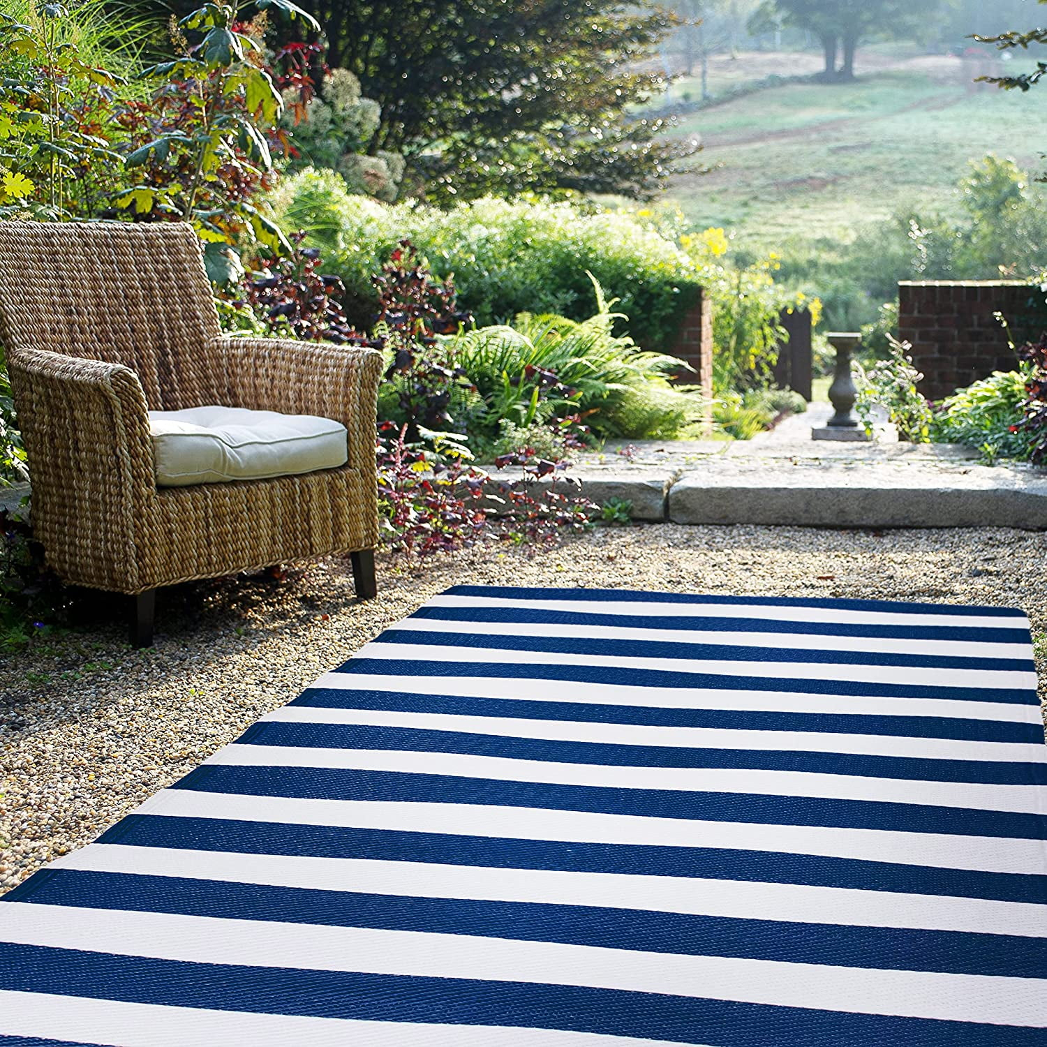 FH Home Outdoor Rug - Waterproof, Fade Resistant, Crease-Free - Premium Recycled Plastic - Striped - Patio, Deck, Porch, Balcony, Laundry Room - Brittany Stripe - Blue & White - 4 x 6 ft