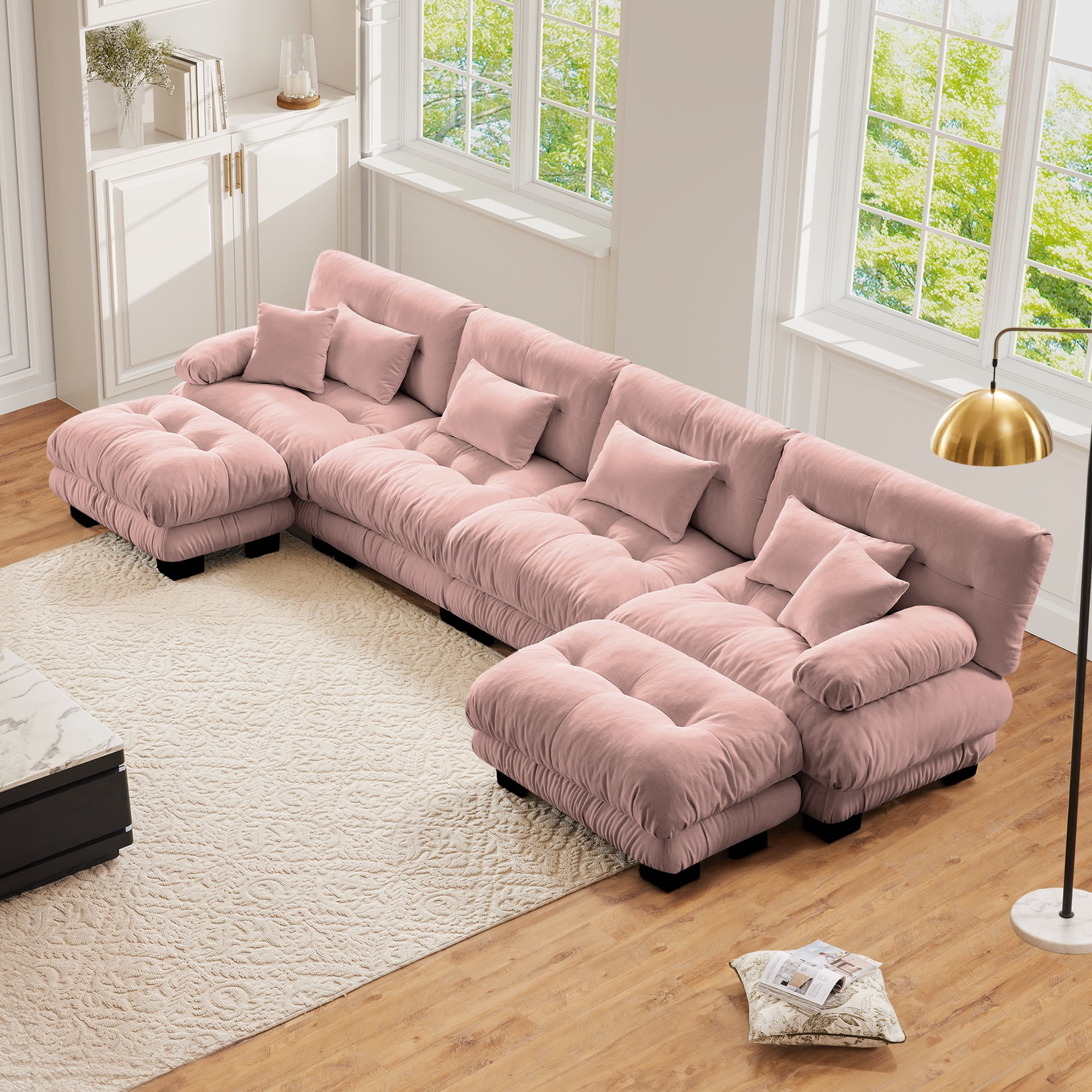 FFH Loveseat with Ottoman, 94.4" Oversized Cloud Sofa, L-Shaped Sectional Couch for Living Room (Chenille Pink, 2 Seater with 1 Ottoman)
