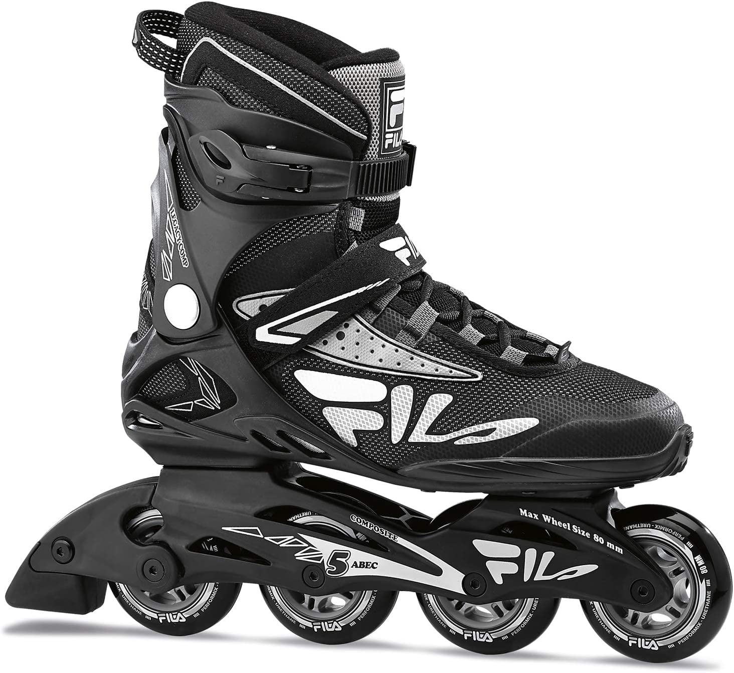 FILA Legacy Comp Inline Skates for Teens and Adults, Unisex Inline Skates for Girls, Boys, Women and Men, Black and Gray, Men's 8