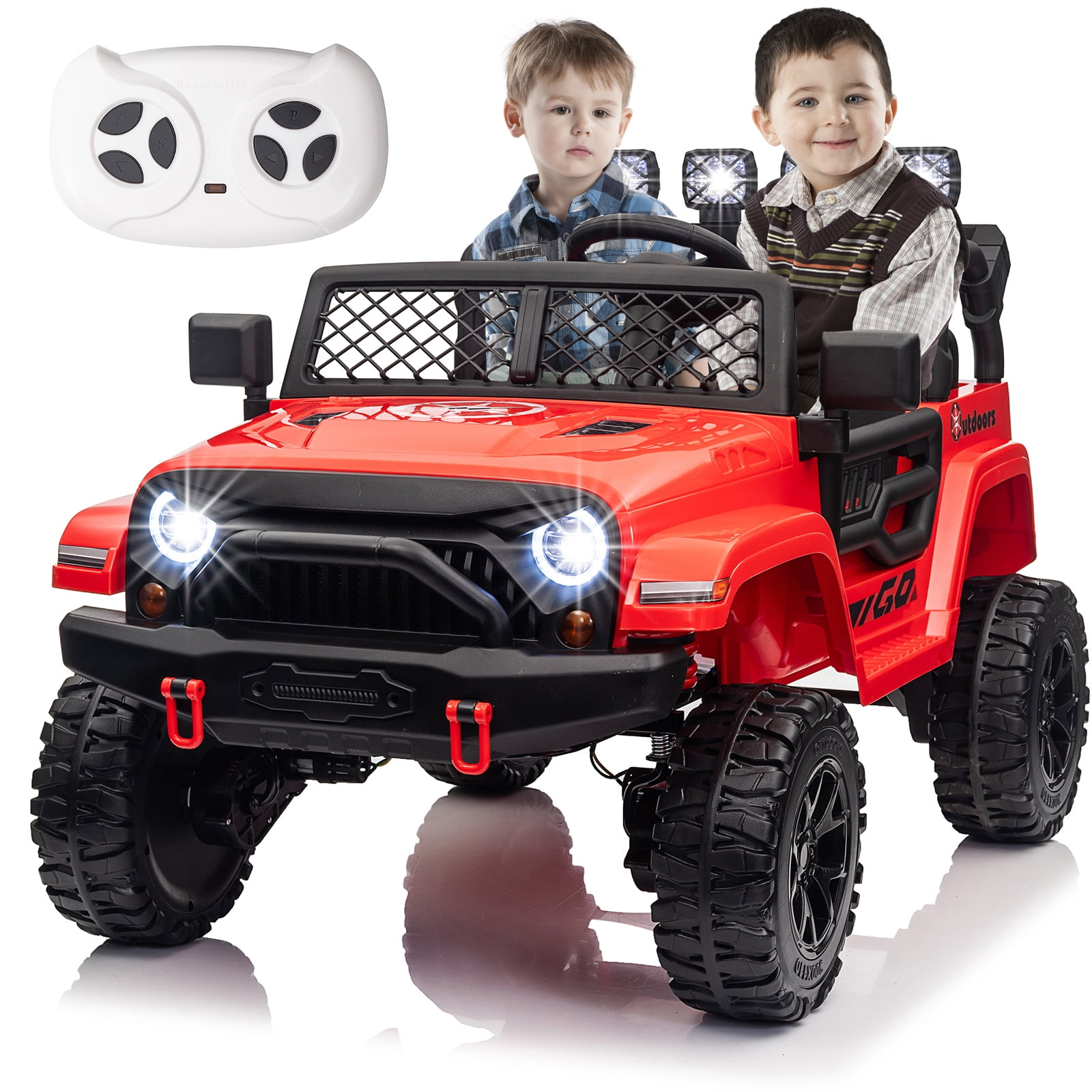 FINITO 24V Kids Ride On Car 2-Seater Jeep 4WD Electric Toy Car 4 Wheels Battery Powered Truck with Remote Control Bluetooth Music Player Gift for Boys Girls Age 3+, Red