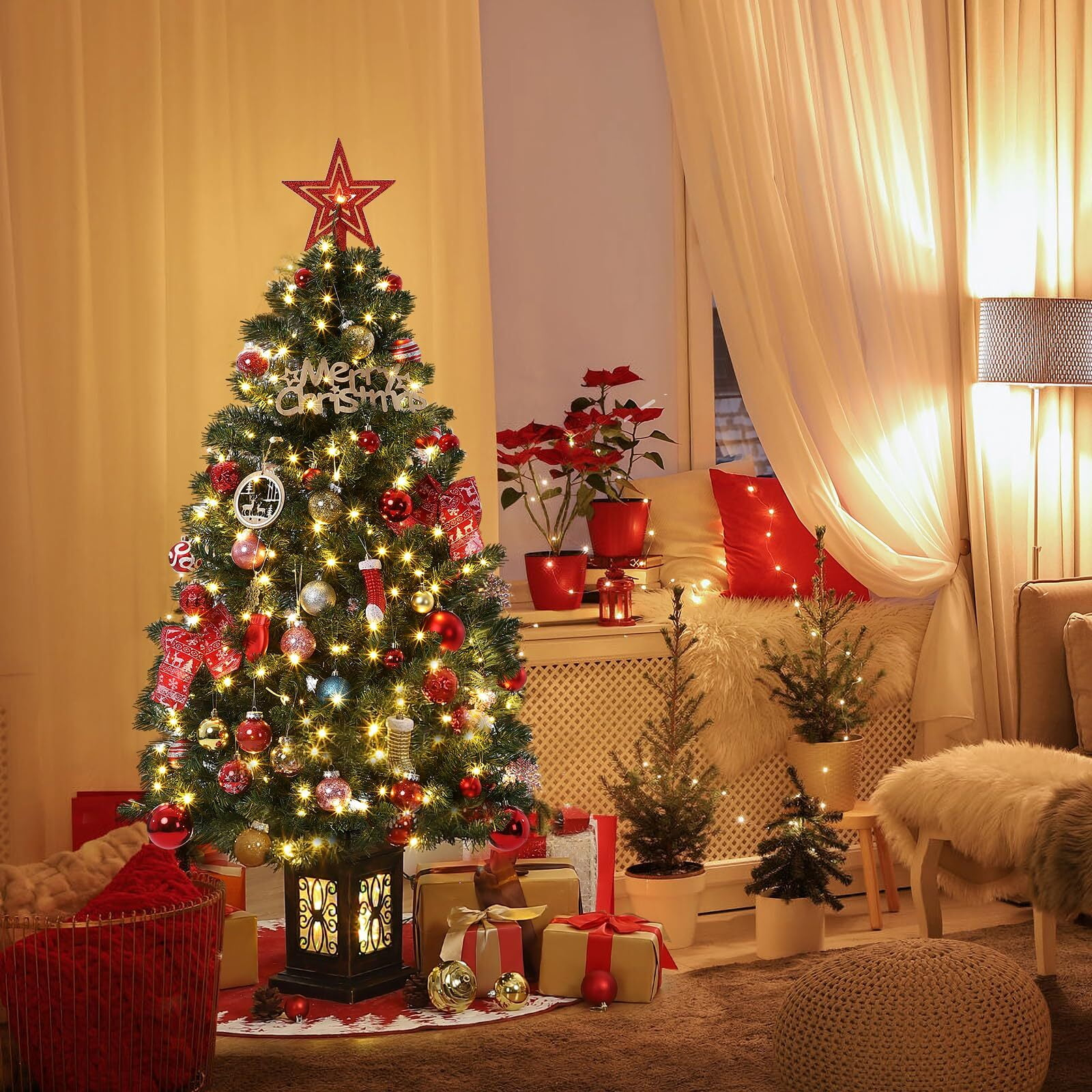 FOLDLIFE 4.5ft Artificial Fiber Optic Christmas Tree with 300 LED Lights and 8 Lighting Modes, Pre-Lit Christmas Tree with Metal Hinges and Antique Urn Base