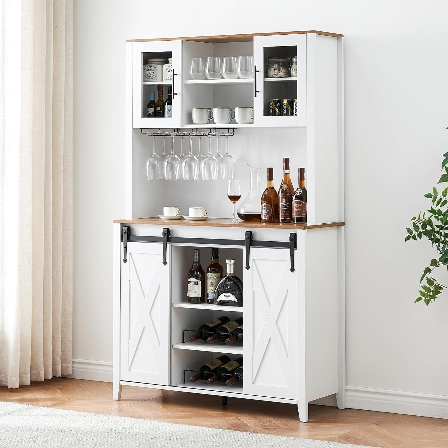 FOLDLIFE Farmhouse Coffee Bar Cabinet, Sliding Barn Door Buffet with Storage Shelves, Liquor Cabinet with Wine and Glass Rack, Sideboard Cupboard for Kitchen and Dining Room, White