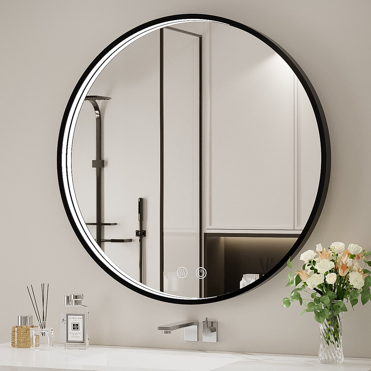 Tetote Black Round Mirror for Bathroom, 24 inch Modern Circle Mirrors, Wall Mounted Matte Metal Frame Entryway Decorative Farmhouse Vanity Mirror