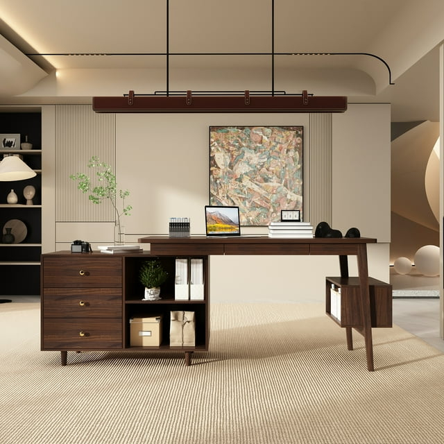 KULAGAGA Writing Desk with Drawers and File Cabinet, L Shaped Office Desk Computer Table, Espresso