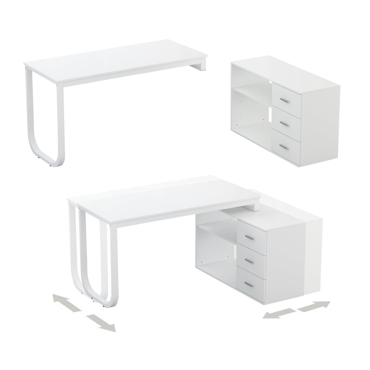FUFU and GAGA L-Shaped Desk with 3 Drawers, White, MDF Finish