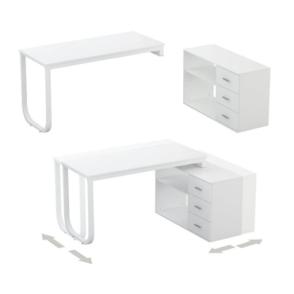 FUFU and GAGA L-Shaped Desk with 3 Drawers, White, MDF Finish