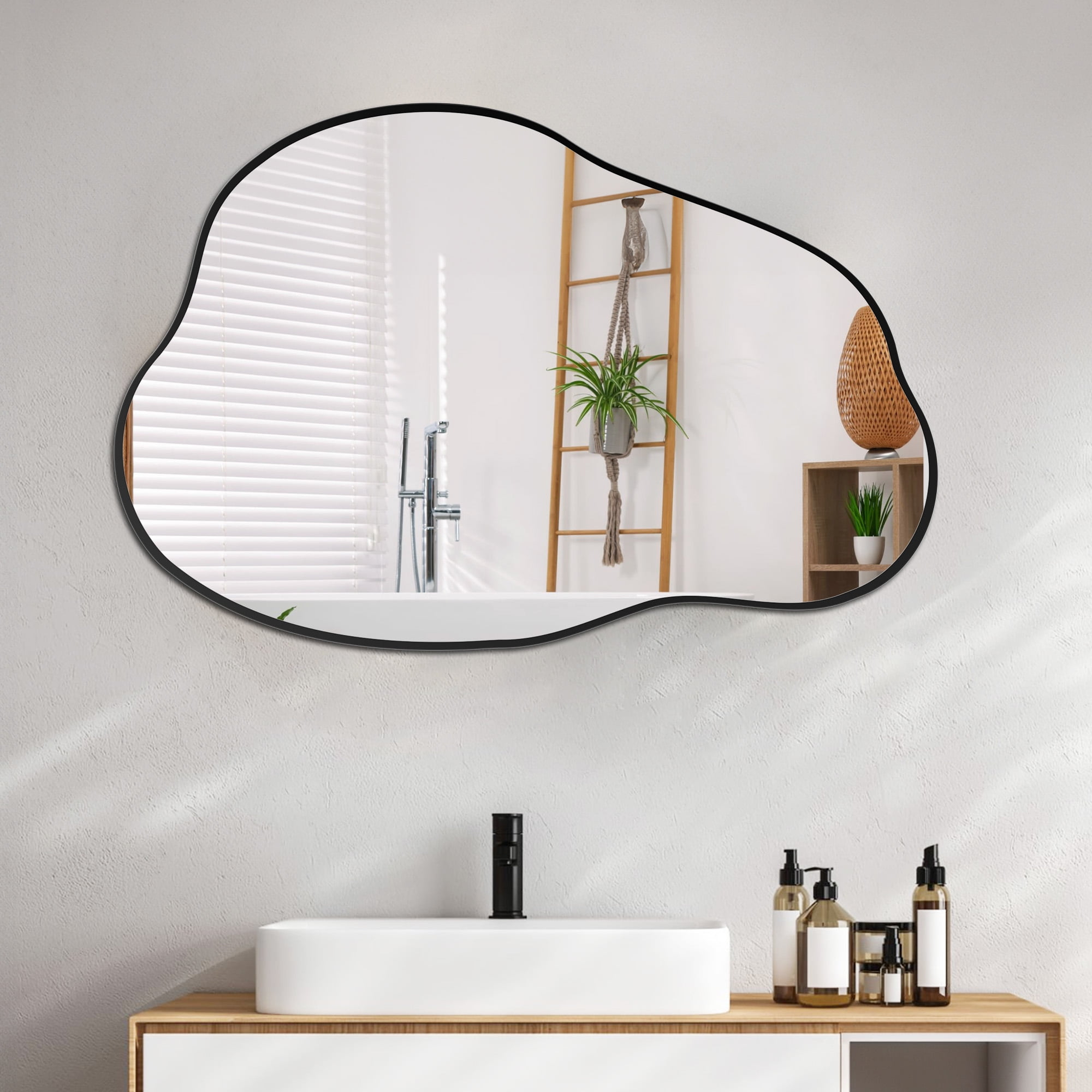 Funtouch Irregular Wall Mirrors 24"x 36" Cloud Shaped Mirrors for Bathroom, Aluminum Alloy Frame Black