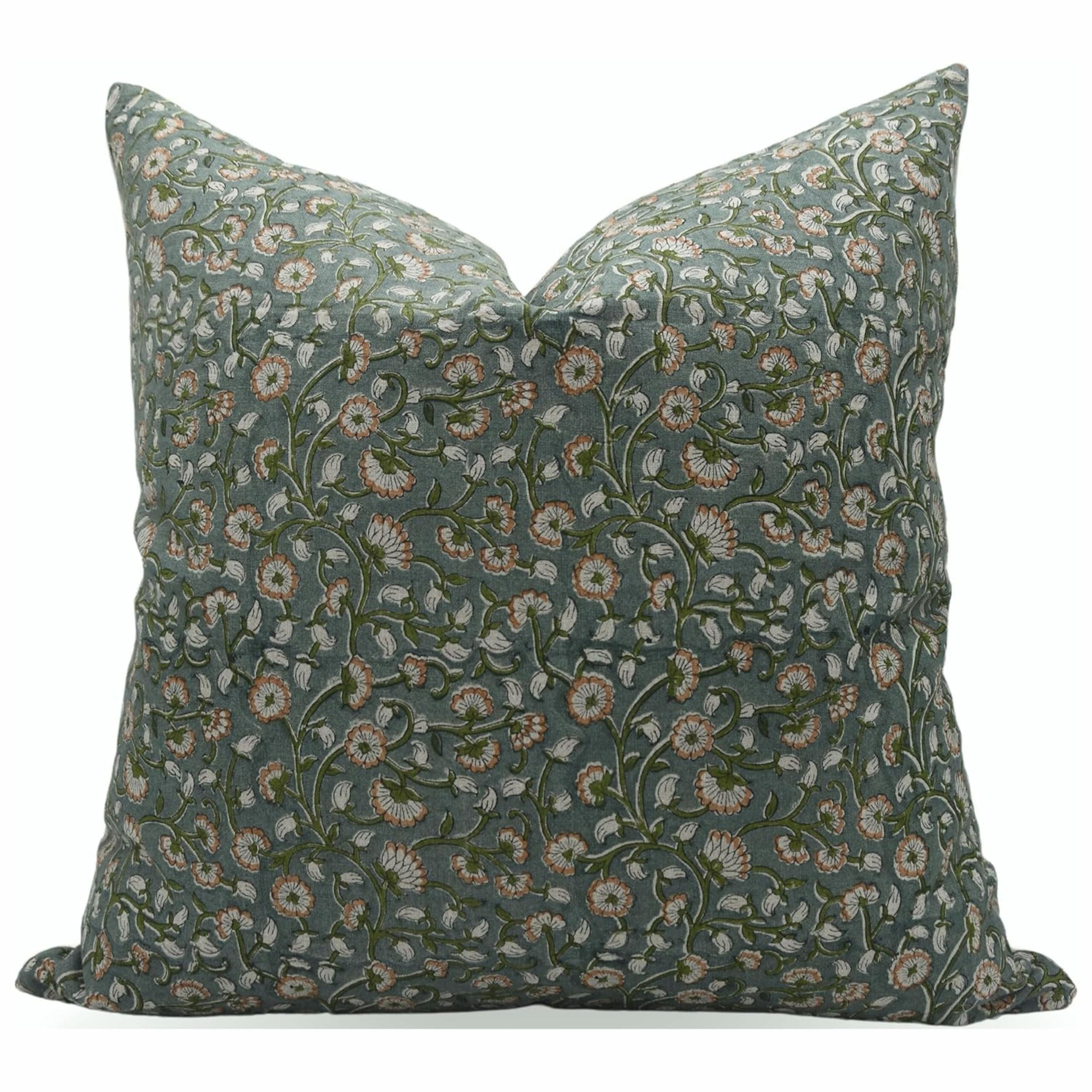 Fabdivine Block Print Throw Pillow Cover, 14x14 Inch Thick Linen Decorative Cushion Cover, Floral Print Boho Design Green Pillow Cover for Sofa and Couch