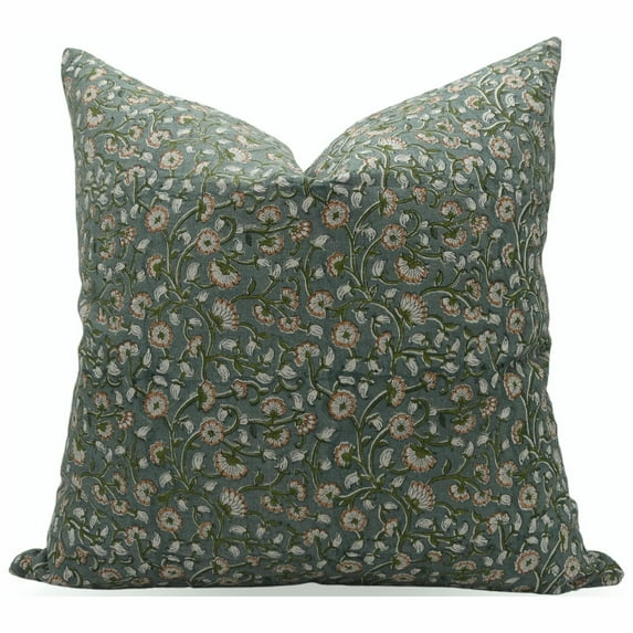 Fabdivine Block Print Throw Pillow Cover, 14x14 Inch Thick Linen Decorative Cushion Cover, Floral Print Boho Design Green Pillow Cover for Sofa and Couch
