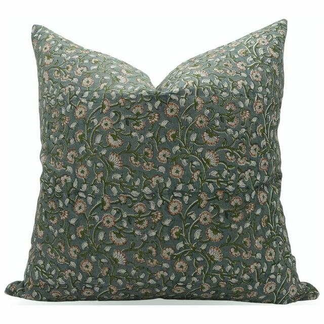 Fabdivine Block Print Throw Pillow Cover, 14x14 Inch Thick Linen Decorative Cushion Cover, Floral Print Boho Design Green Pillow Cover for Sofa and Couch