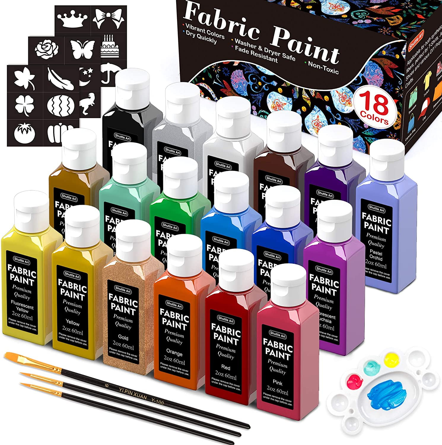 Metallic Fabric Paint, Shuttle Art 18 Metallic Colors Permanent Soft Fabric Paint in Bottles (60ml/2oz) with Brush and Stencils, Non-Toxic Textile Paint for T-shirts, Shoes, Jeans, Bags & DIY Projects