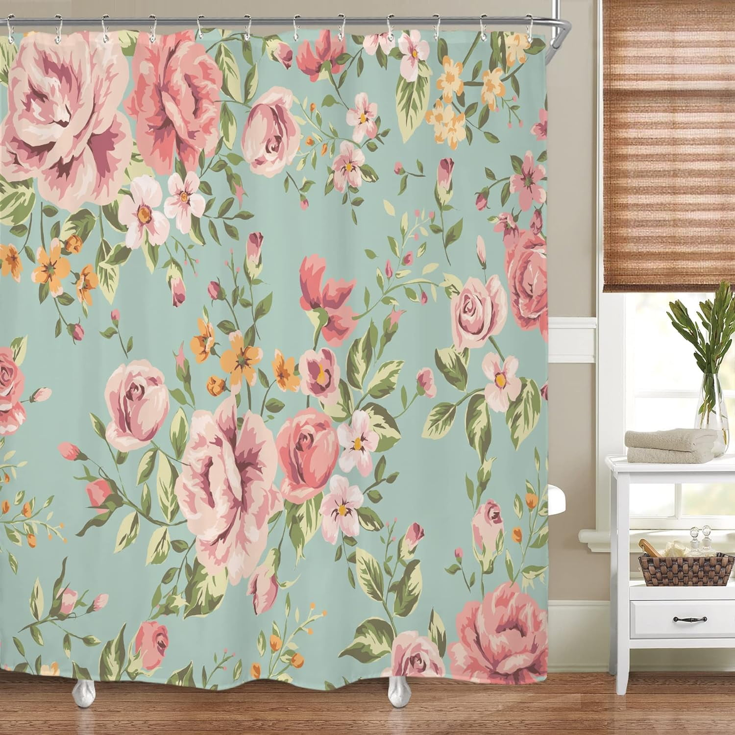 Fabric Pink Flower Shower Curtain for Bathroom 72Wx72H Inch Rose Floral Blooming Green Leaves for Girl Women Bathtub Accessories Decor Rustic Waterproof Fabric Bathroom 12 Pack Hooks WW-NDHC