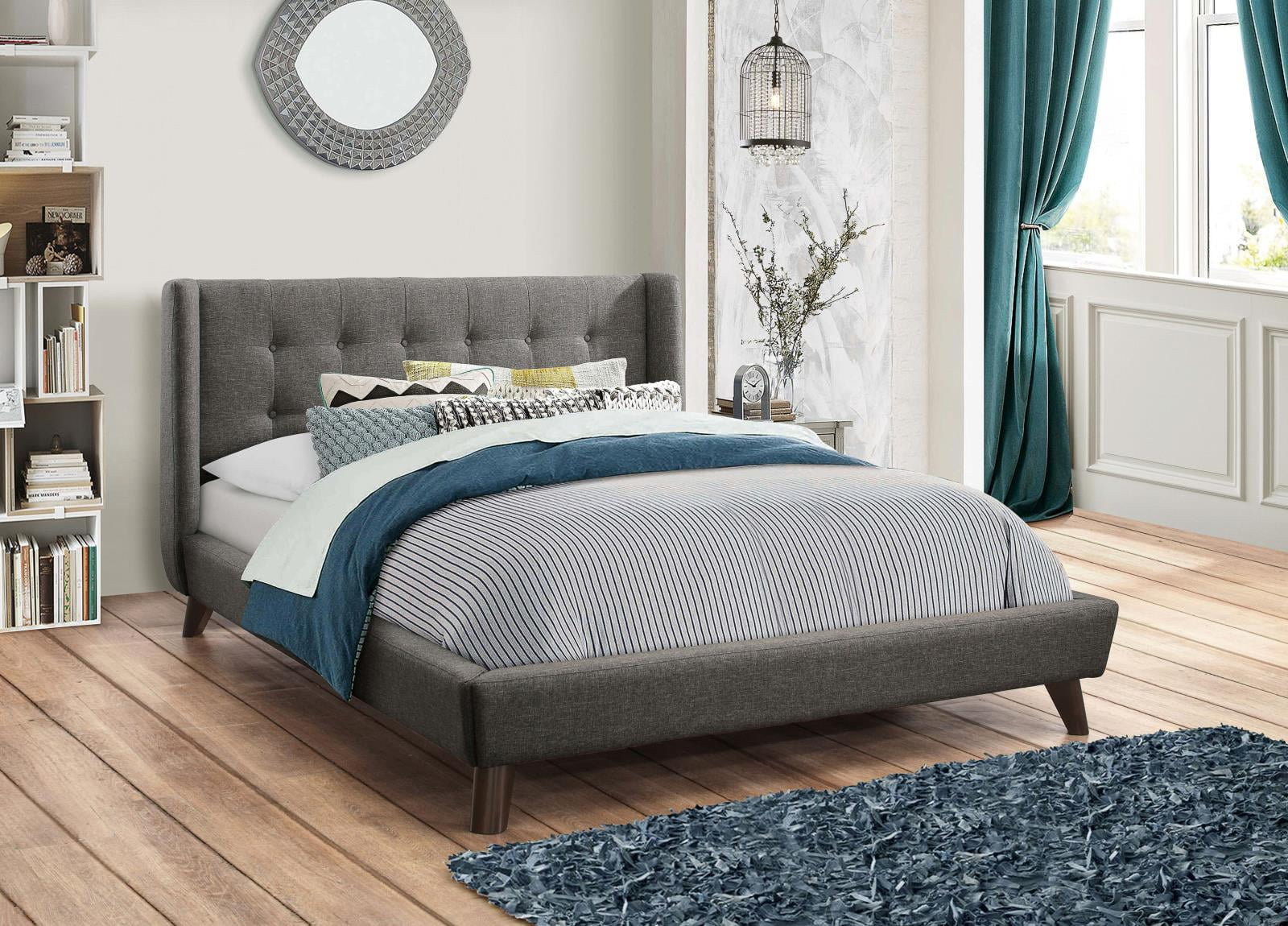 Fabric Upholstered Wing Bed, Queen Bed, Grey