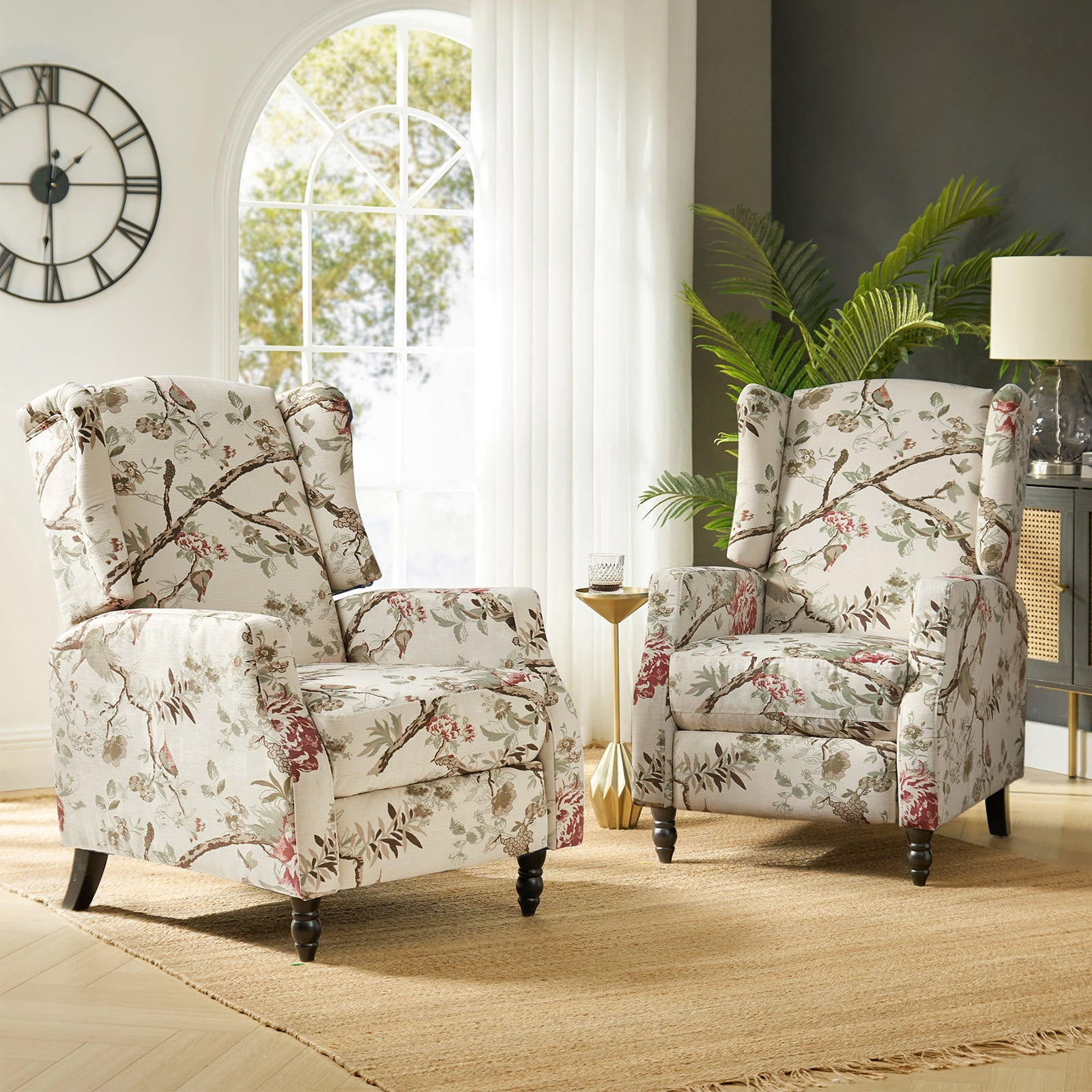 Fabric Wingback Manual Recliner Set of 2 Traditional Push Back Upholstered Armchair Sofa Home Theater Living Room Bird