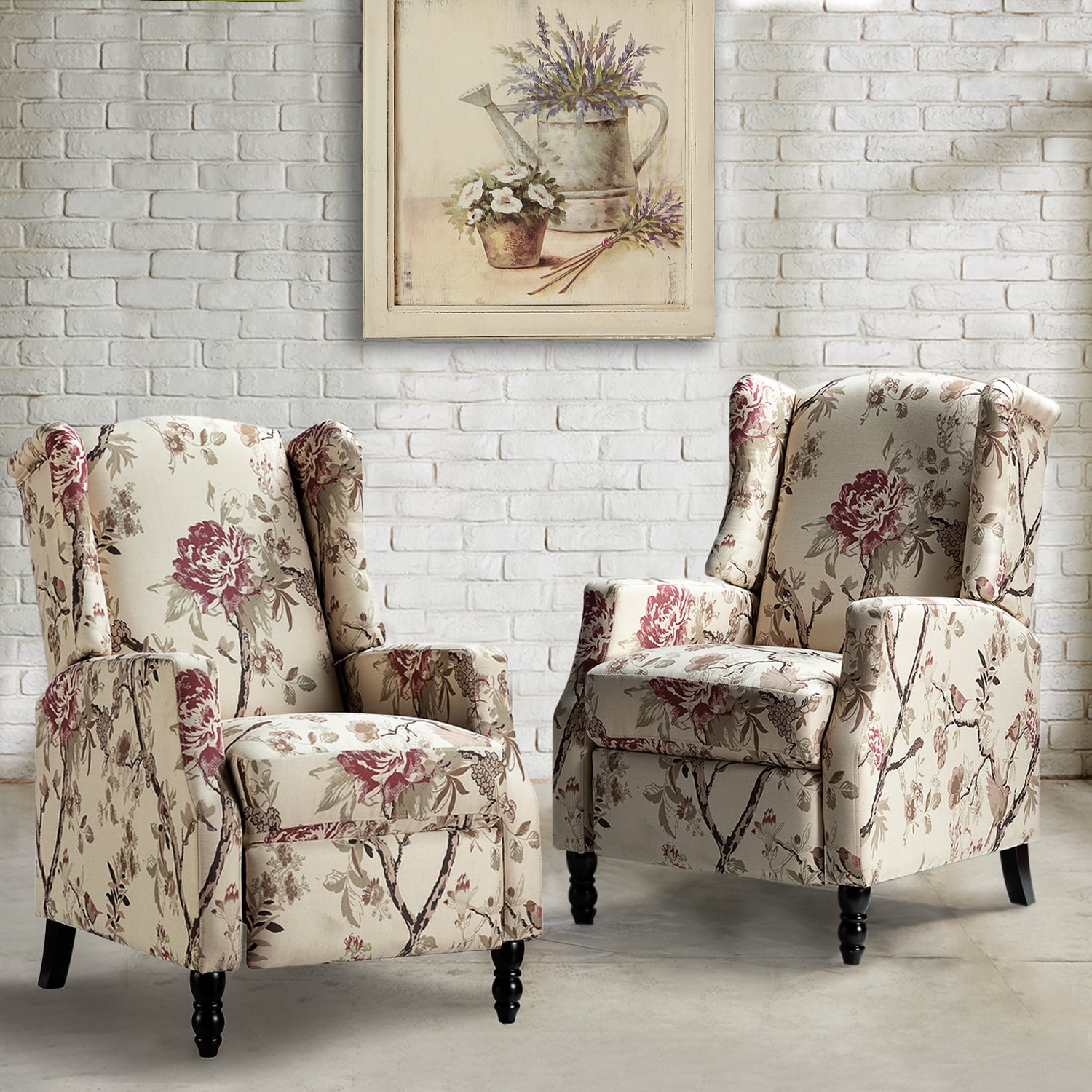 Fabric Wingback Manual Recliner Set of 2 Traditional Push Back Upholstered Armchair Sofa Home Theater Living Room Bird