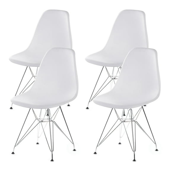 32 x 20 x 18.25 in. Mid-Century Modern Style Plastic DSW Shell Dining Chair with Metal Legs, White - Set of 4