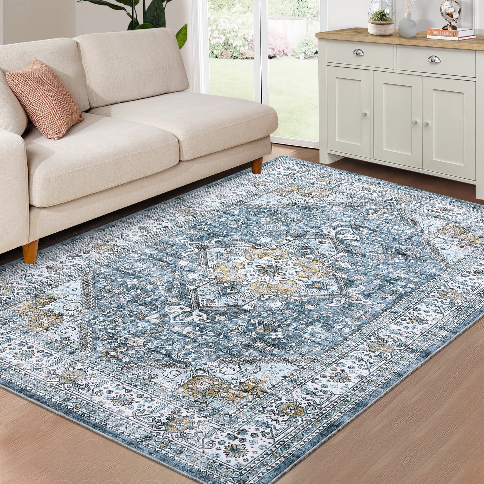 FairOnly Vintage Medallion Rug 9' x 12' Large Rug Stain Resistant Washable Rug for Living Room Bedroom, Blue