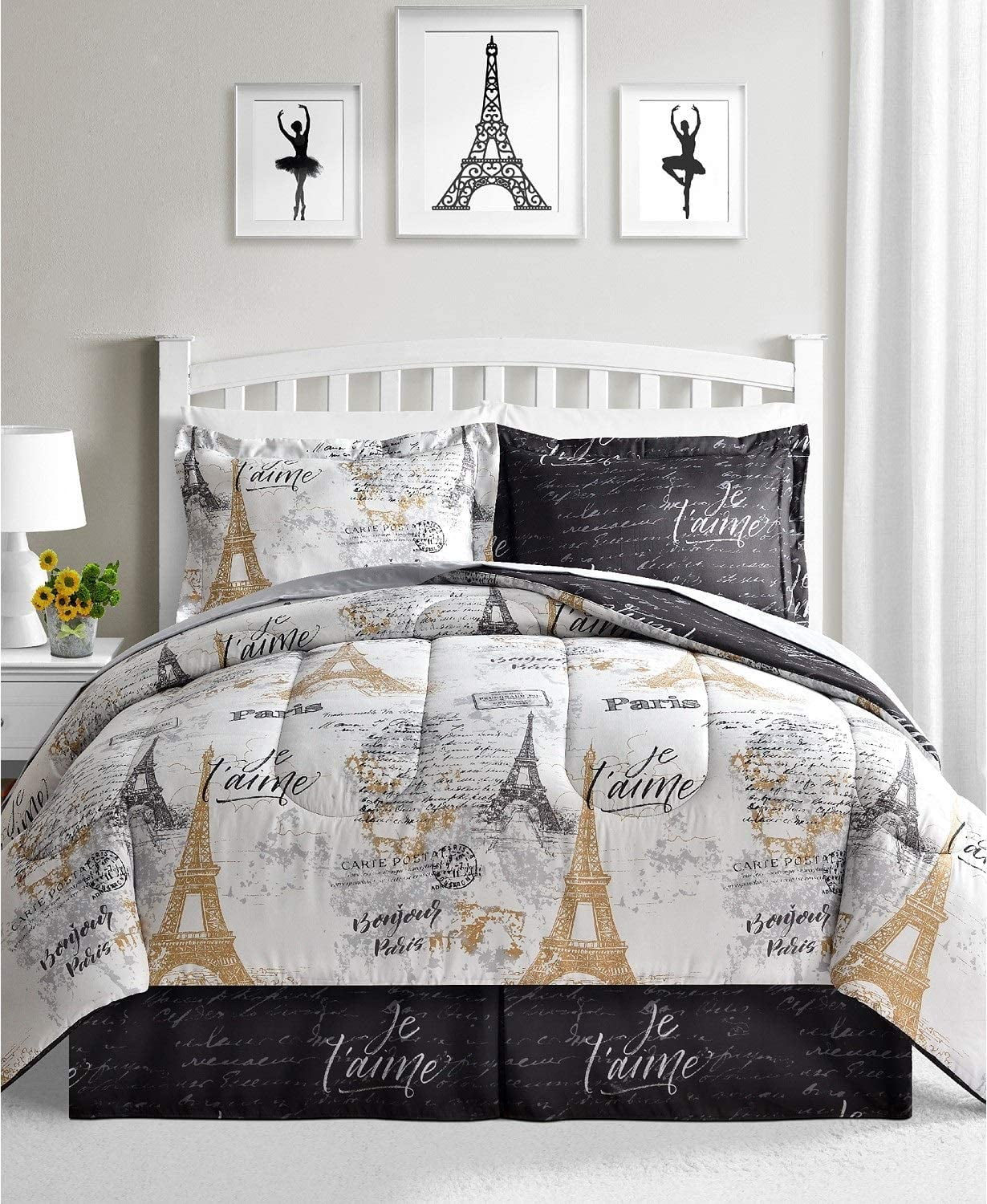 Fairfield Square Collection Paris Gold 8 Piece California King Size Reversible Comforter Set White/Black