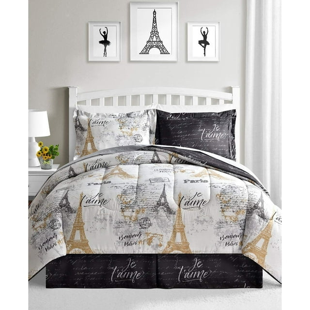 Fairfield Square Collection Paris Gold 8 Piece California King Size Reversible Comforter Set White/Black