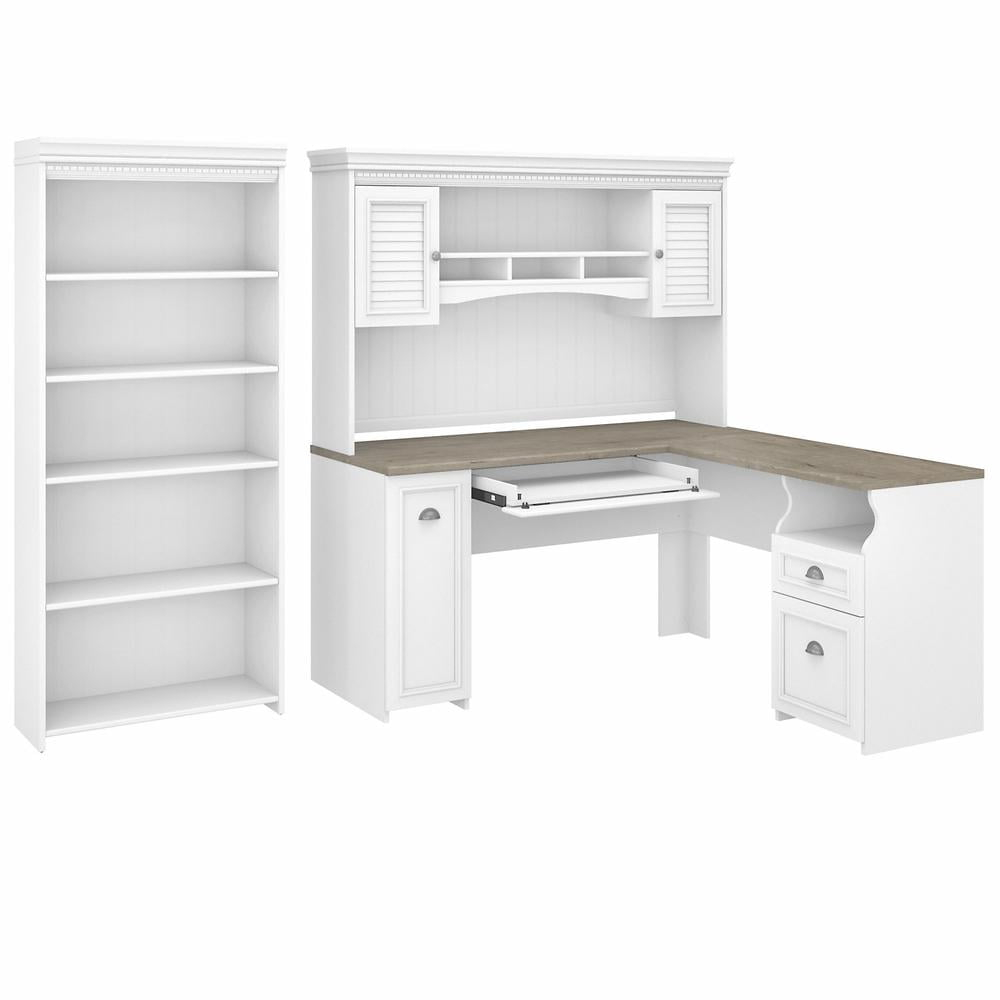 Fairview L Desk with Hutch and Bookcase in White and Gray - Engineered Wood
