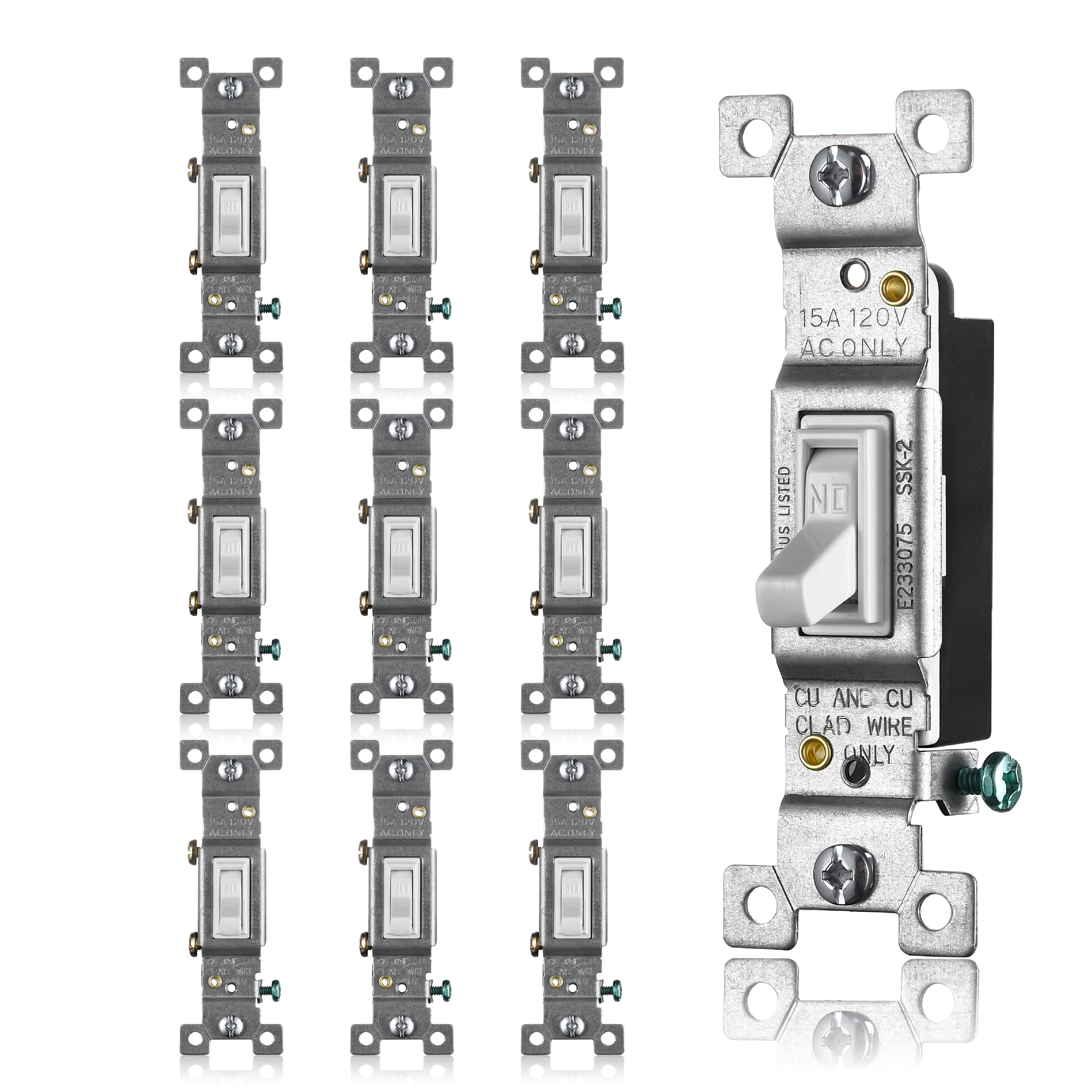 Faith White Toggle Light Switch, Single Pole Standard Wall Switch, 15 Amp Switch Toggle, Grounding Screw, 120V, 10 Pack