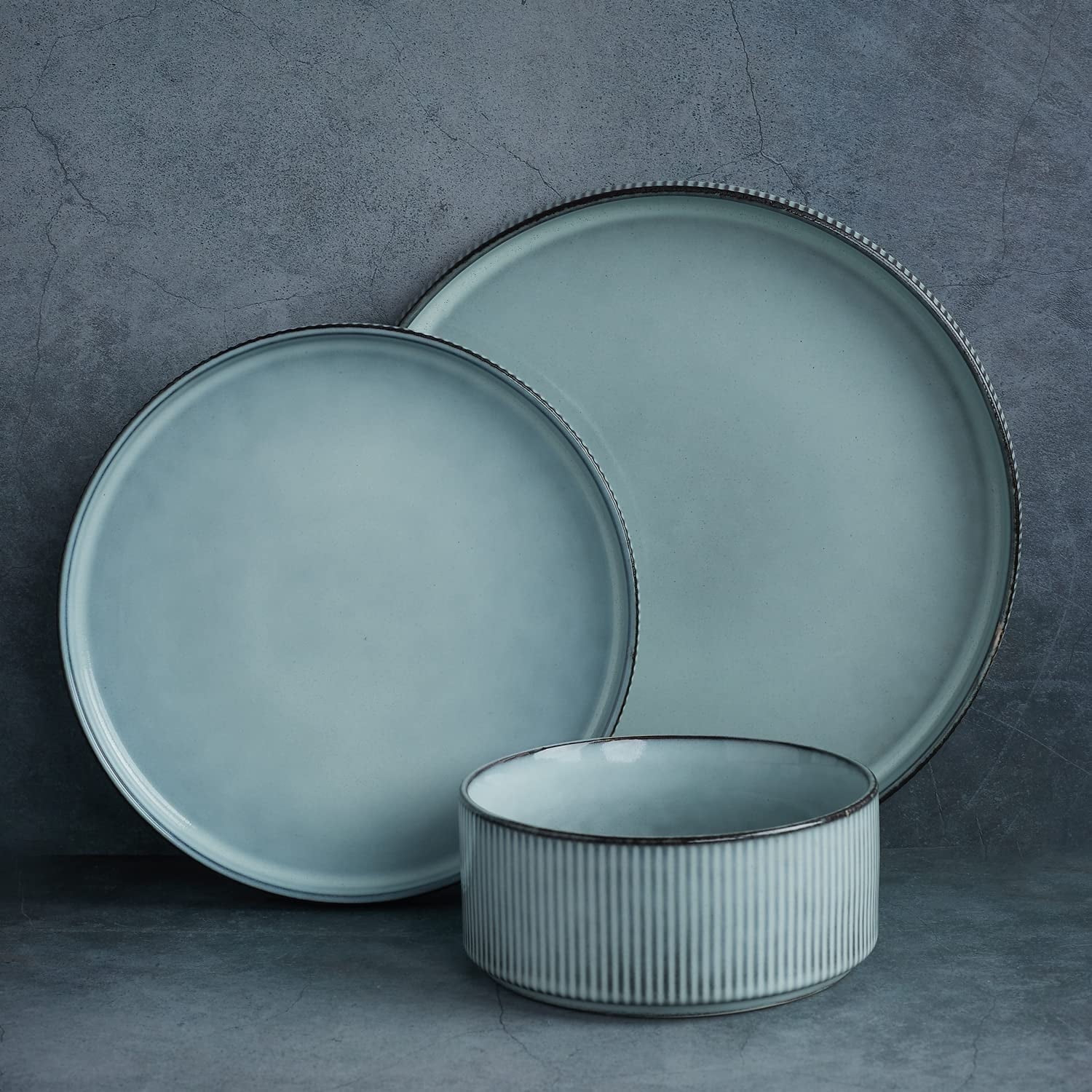 Famiware Star Stoneware Dinnerware Sets, Plates and Bowls Set for 4, 12 Piece Dish Set, Smoky Blue
