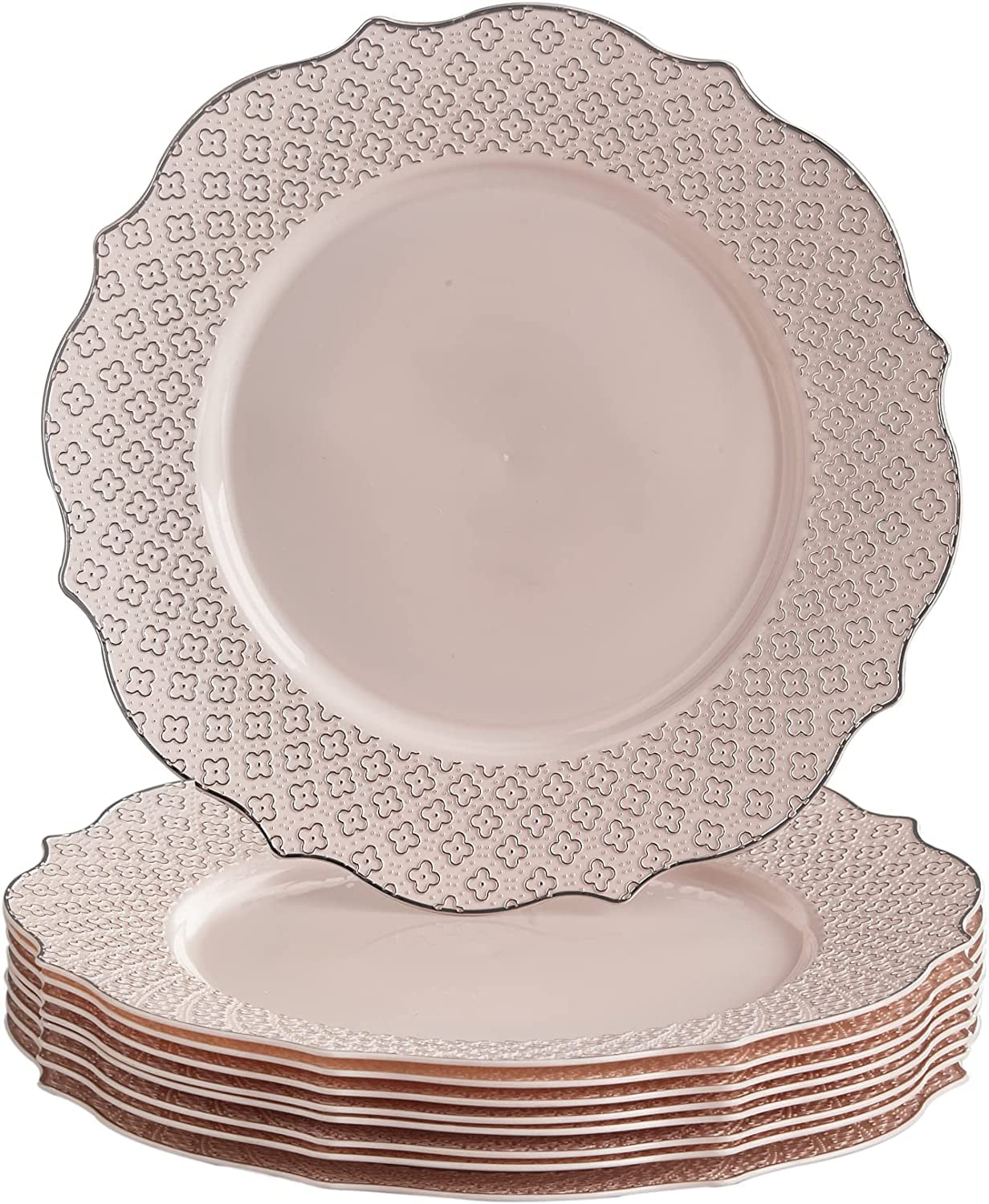 Fancy Disposable Dinner Plates (10 PC) Heavy Duty Plastic Plates, Rose Gold Party Supplies for Baby Showers, Weddings, Parties & Events, Pink Plates with Silver Embossed Rim - 10.25" - Harmony