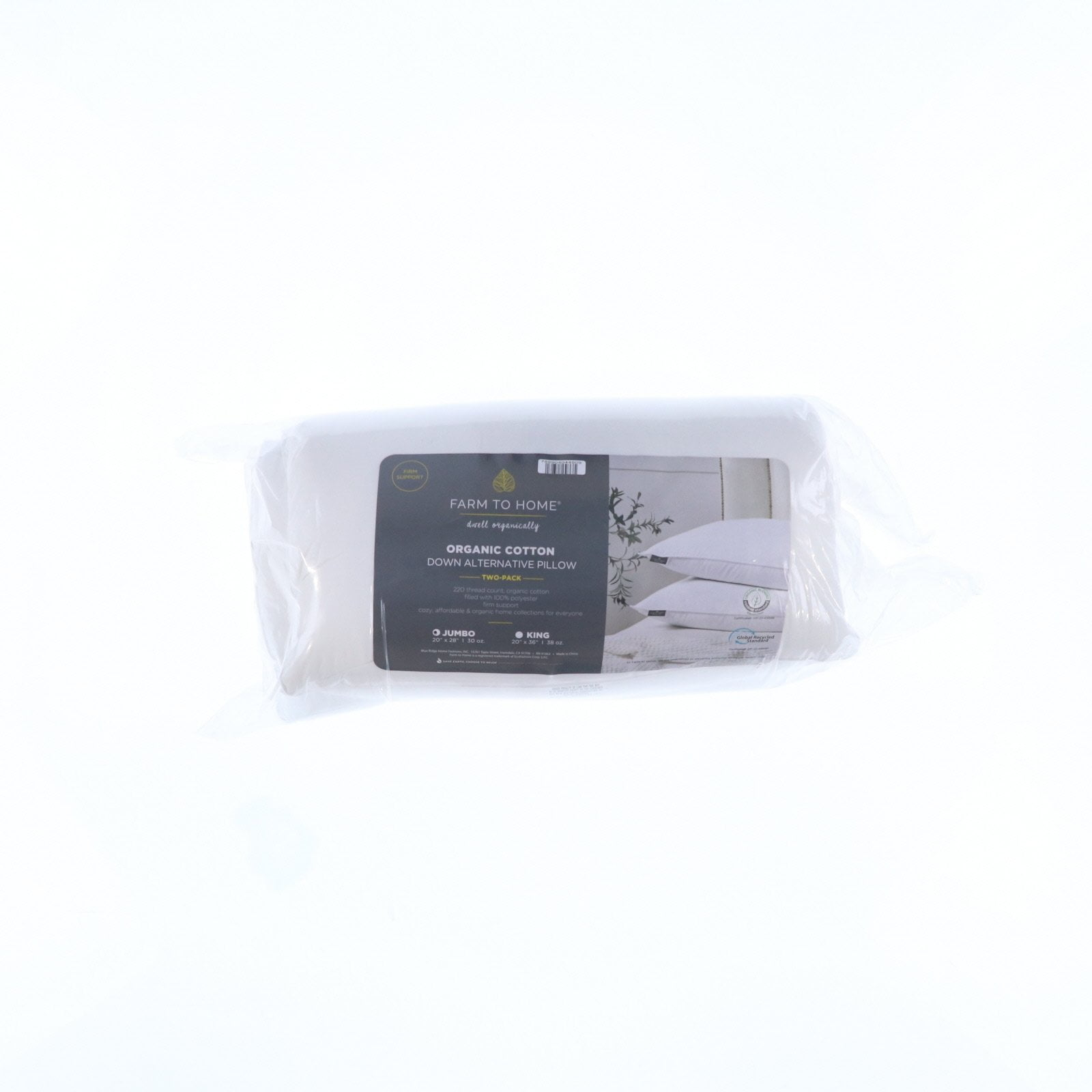Farm To Home  Organic Blended Cotton Down Alternative Pillow - 2 Pack - White Jumbo - Set of 2