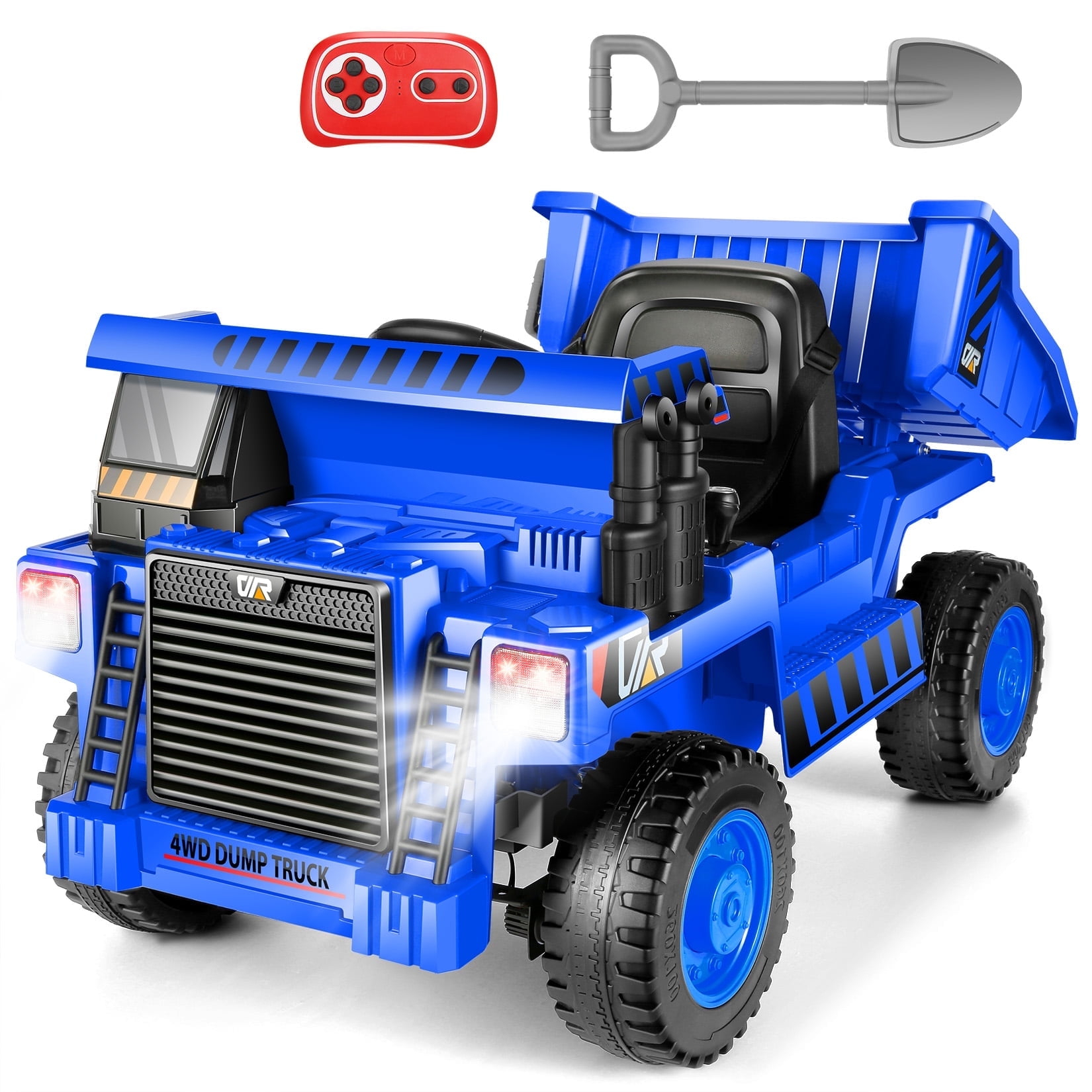 Farmdex Ride on Dump Truck, 12 Volt Ride on Toys with Electric Dump Bed, 4WD Electric Car for Kids w/ Remote Control, Bluetooth, Shoel, LED Lights, Musci Player, Blue