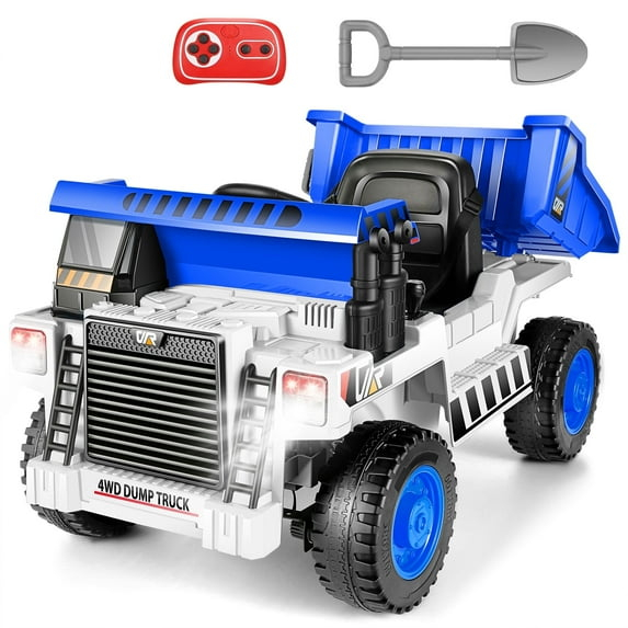 Farmdex Ride on Dump Truck, 12 Volt Ride on Toys with Electric Dump Bed, 4WD Electric Car for Kids w/ Remote Control, Bluetooth, Shoel, LED Lights, Musci Player, Blue