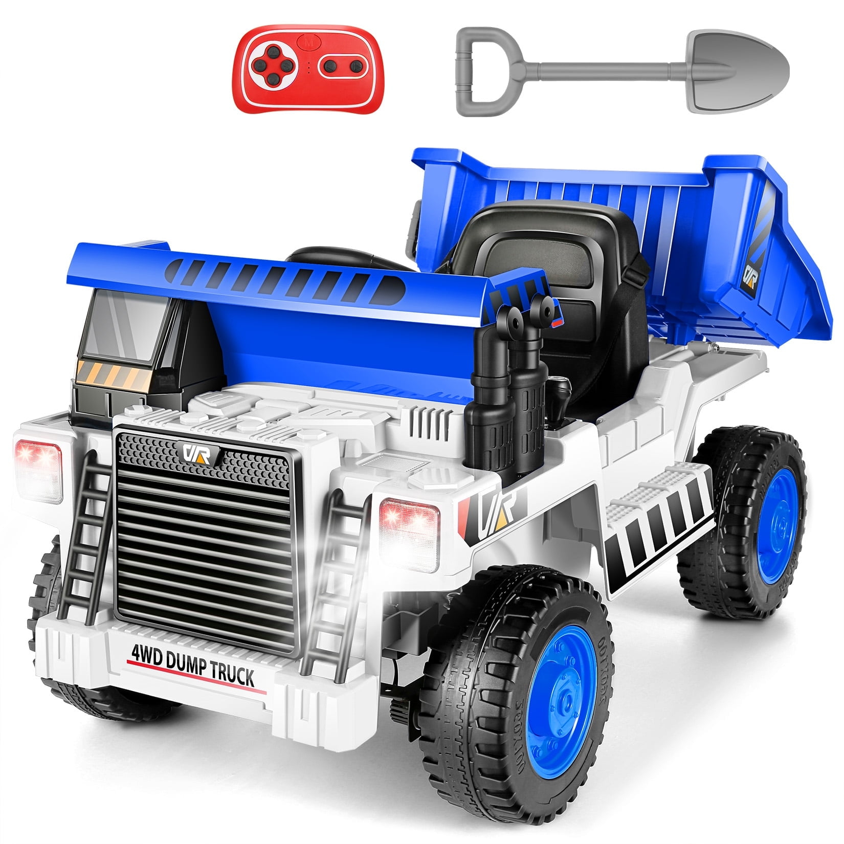 Farmdex Ride on Dump Truck, 12 Volt Ride on Toys with Electric Dump Bed, 4WD Electric Car for Kids w/ Remote Control, Bluetooth, Shoel, LED Lights, Musci Player, Blue