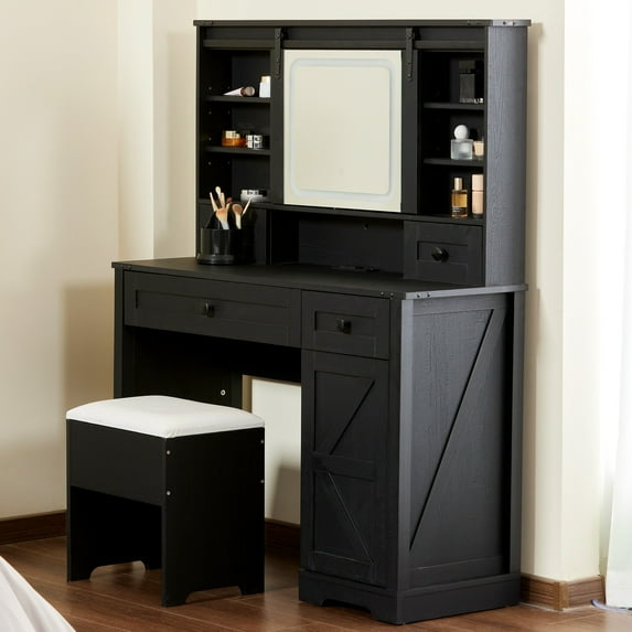 Farmhouse 42'' Makeup Vanity Desk with lighted Sliding Mirror,Tabletop Dresser,2 Drawers & Shelves, Stool Included. Black