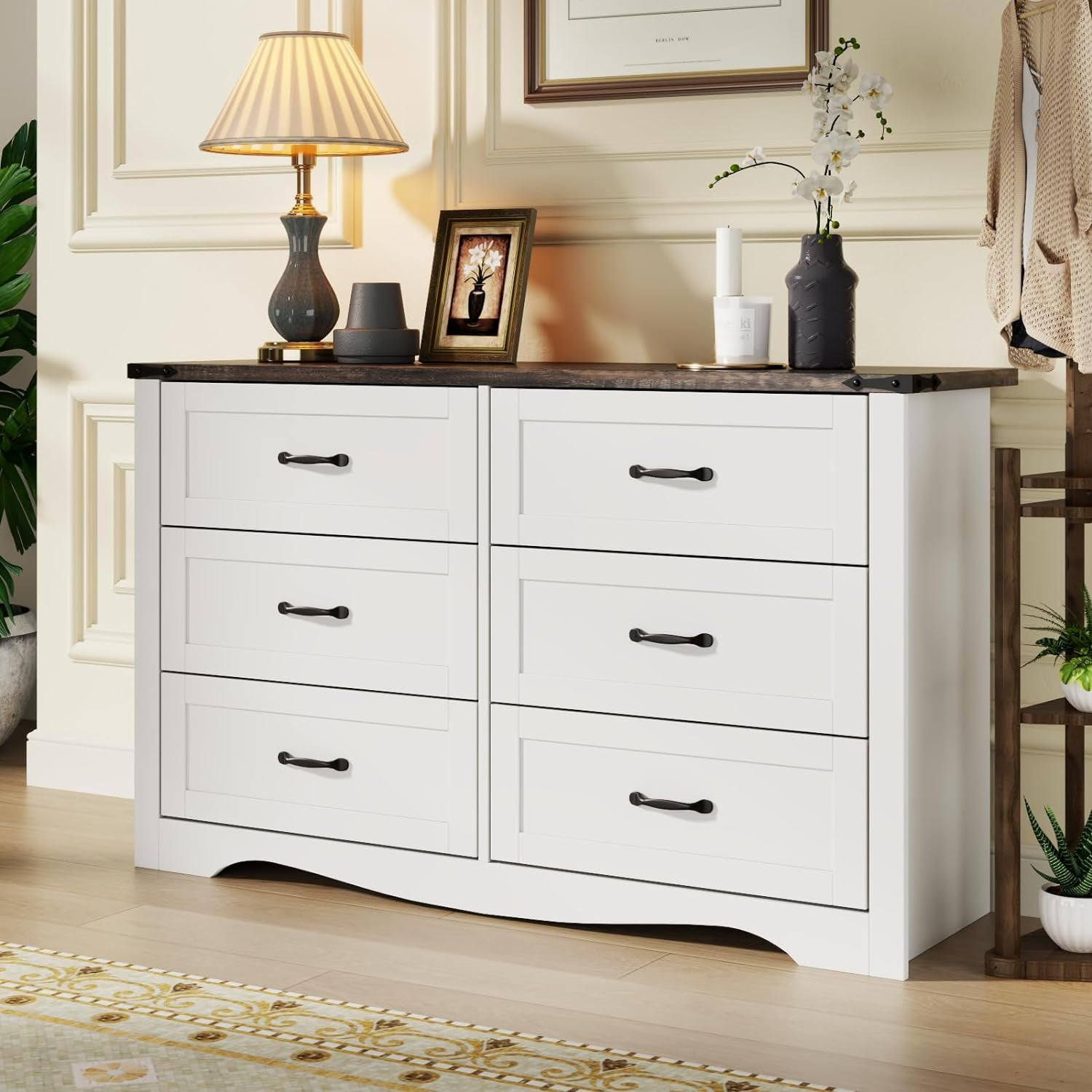 Farmhouse 6 Drawers Double Dresser for Bedroom, Modern White Dresser Chest of Drawers, Wide Dressers Organizer, Accent Storage Cabinet for Closet, Living Room, Hallway, Antique White