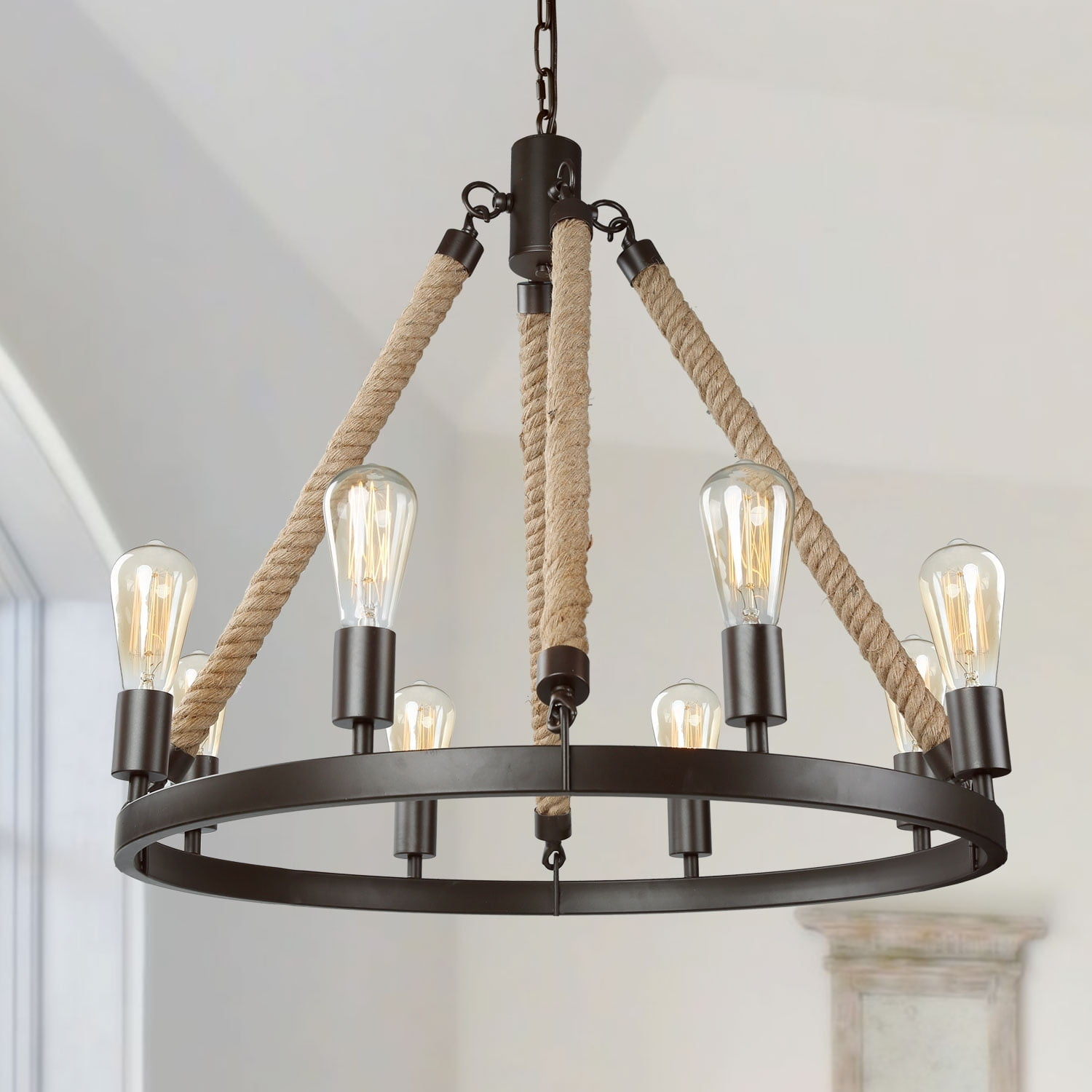 Farmhouse 8-Light Wagon Wheel Chandelier for Dining Room - L27.6 "X W27.6 " X H25.2 "