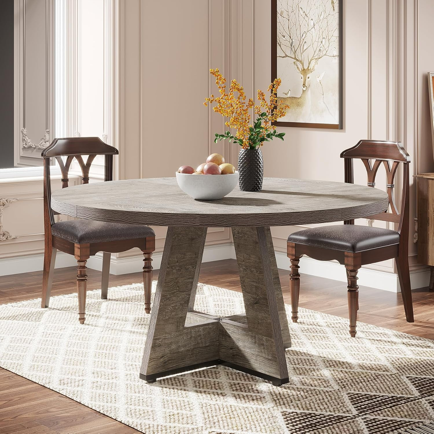 Tribesigns Round Dining Table for 4, Grey Kitchen Table 47 Inch Farmhouse Wood Kitchen Dinning Table for Kitchen Living Room