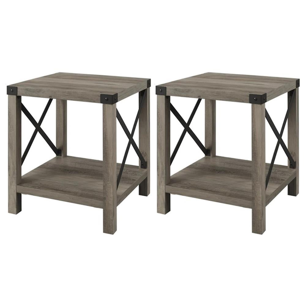 Farmhouse Metal-X End Tables with Lower Shelf in Gray Wash (Set of 2)