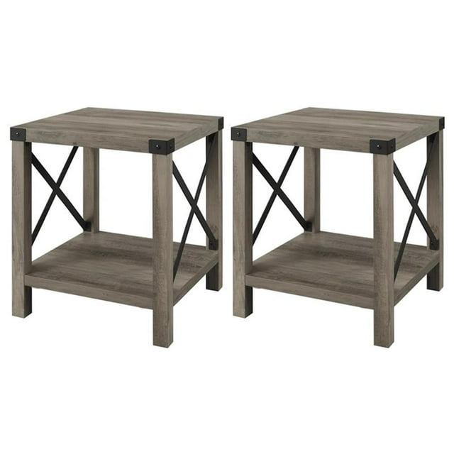 Farmhouse Metal-X End Tables with Lower Shelf in Gray Wash (Set of 2)
