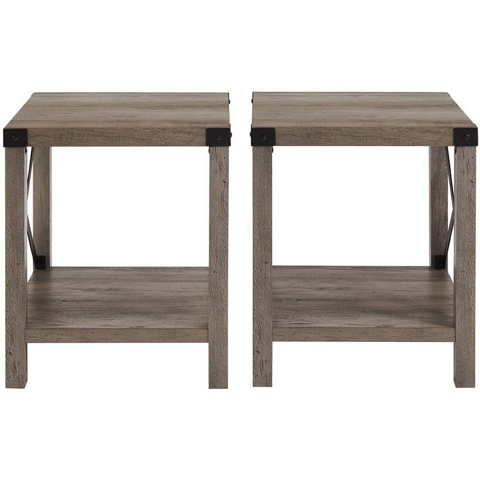 Farmhouse Metal-X End Tables with Lower Shelf in Gray Wash (Set of 2)