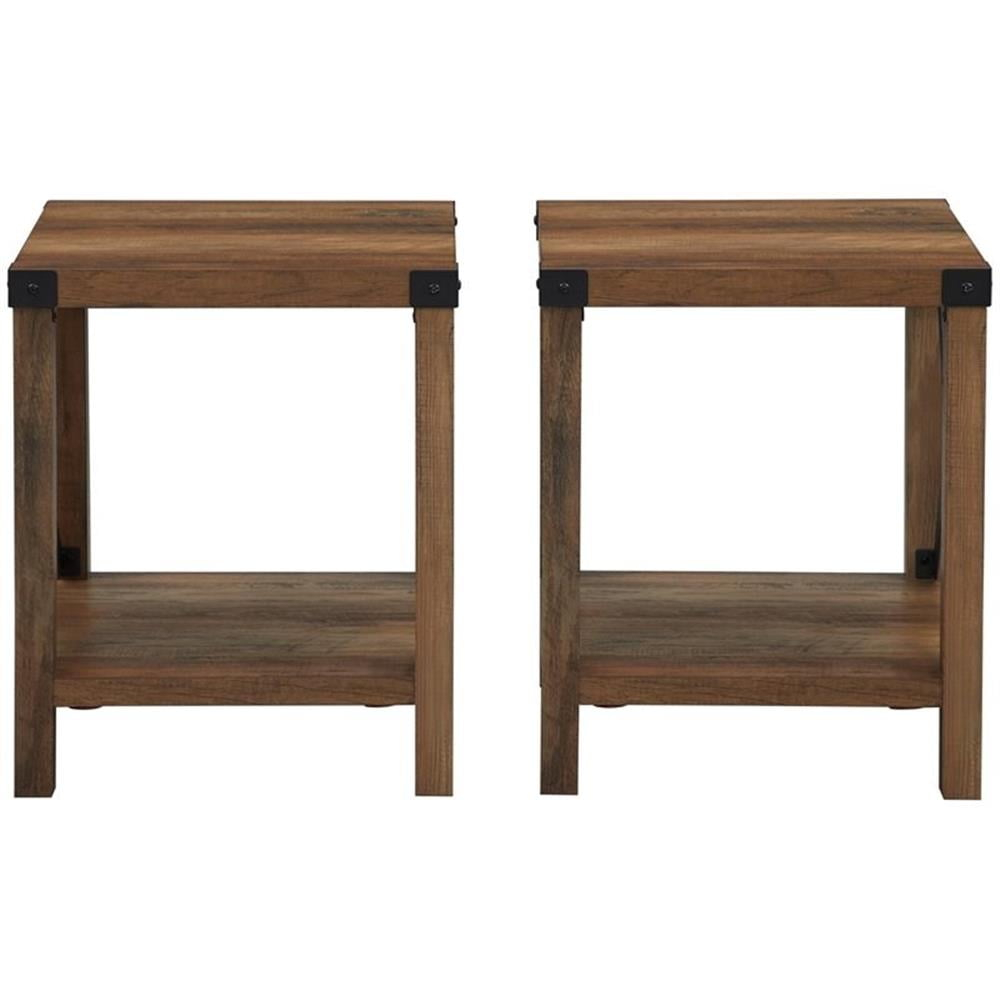 Farmhouse Metal-X End Tables with Lower Shelf in Rustic Oak (Set of 2)