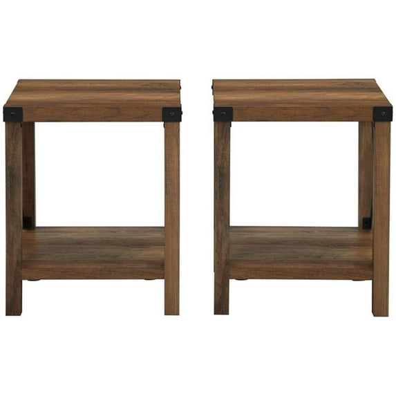 Farmhouse Metal-X End Tables with Lower Shelf in Rustic Oak (Set of 2)