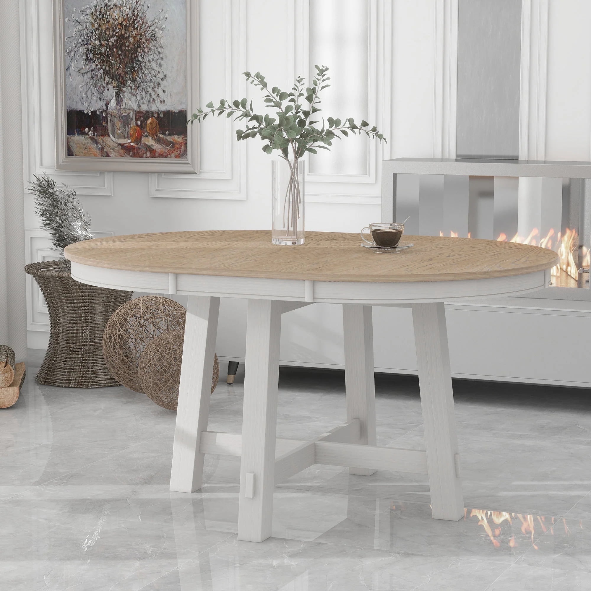 Farmhouse Round Extendable Dining Table with 16" Leaf Wood Kitchen Table (Oak Natural Wood + Antique White)