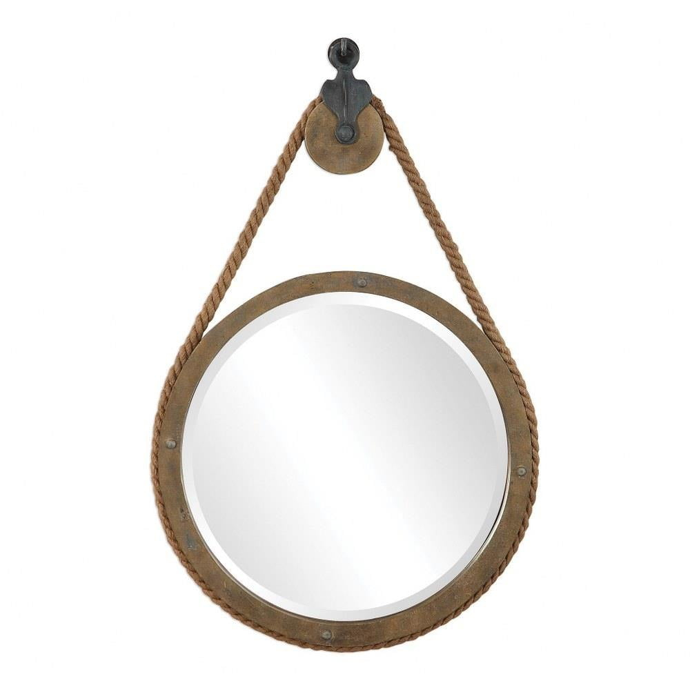 Farmhouse Rustic Round Mirror in Aged Natural Wood with Antique-Inspired Pulley To Hung 25 inches W X 36.5 inches H Bailey Street Home 208-Bel-2971100