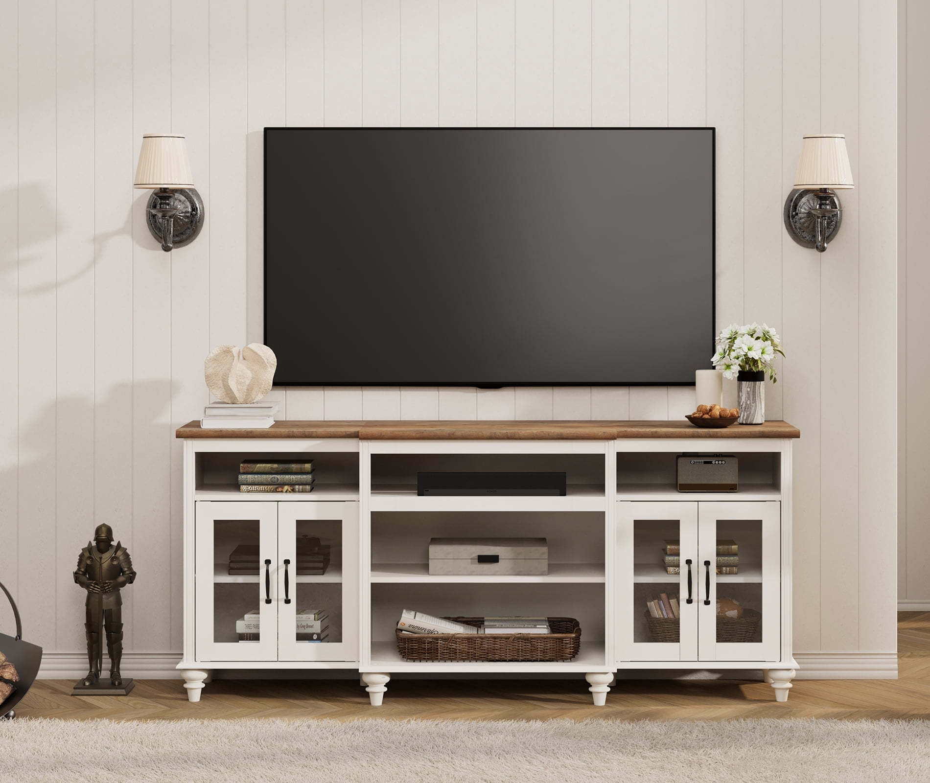 Farmhouse TV Stand for 75 inch TV, 4-Door Glass Wood Entertainment Center with 9 Storage Cabinets, White Media Console Table for Living Room Bedroom，White