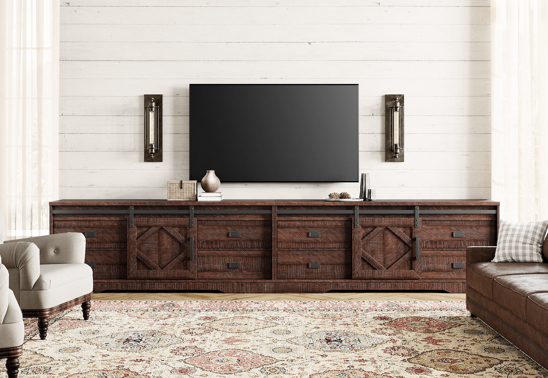 Farmhouse TV Stand for up to 110" TVs with Drawers and Adjustable Shelf for Living Room, Rustic Brown